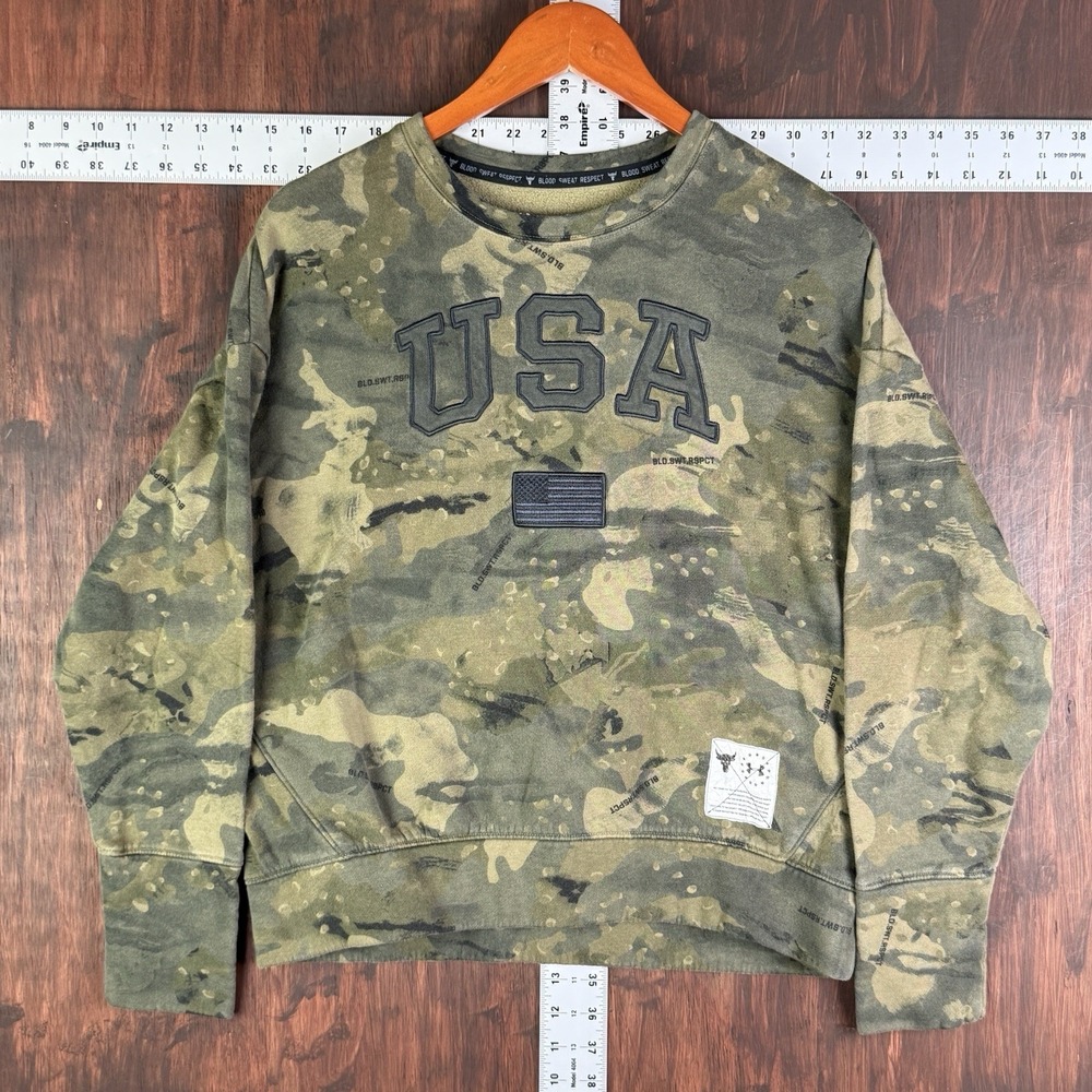 Under Armour Sweatshirt Green Camo‎ Project Rock USA Pullover Gym Women Medium